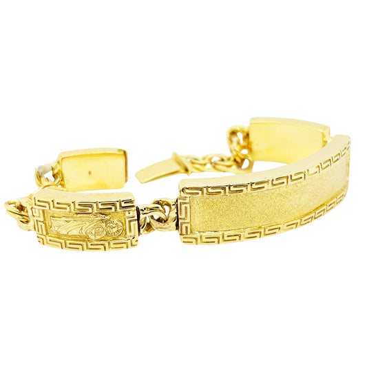 CHINO BRACELET WITH ST. JUDE ON TWO PLATES AND GREEK KEY BORDER ON ALL THREE PLATES, CENTER PLATE PLAIN 52.80 GM