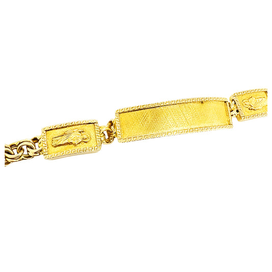CHINO BRACELET WITH ST. JUDE ON TWO PLATES AND GREEK KEY BORDER ON ALL THREE PLATES, CENTER PLATE PLAIN 58.30 GM