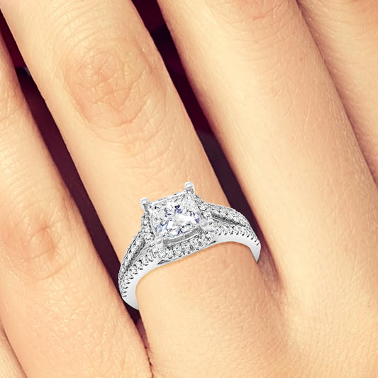 Diamond Halo Engagement Ring 2.50 CTW Princess Center w/ Round Cut 14K White Gold