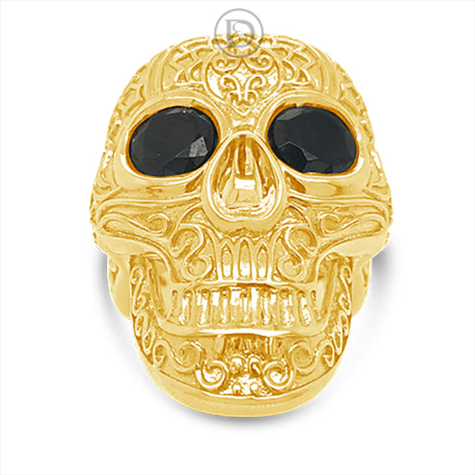 Gold Candy Skull Ring w/ Black Onyx 10K Yellow Gold