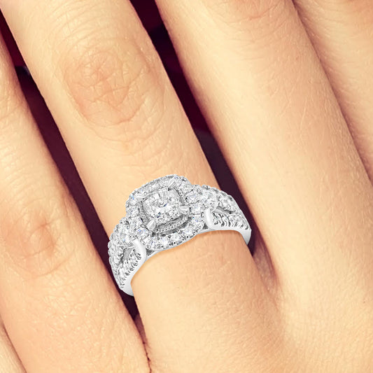 Diamond Halo Engagement Ring 1.75 CTW Round Cut 14K White Gold