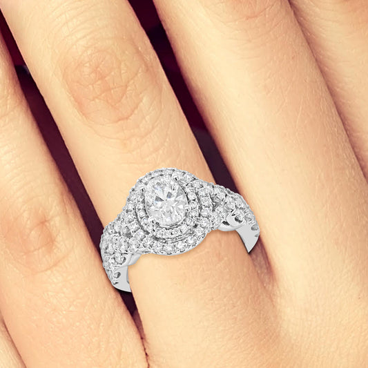 Diamond Halo Engagement Ring 2 CTW Oval & Round Cut 14K White Gold