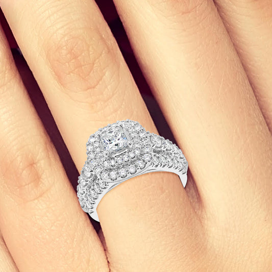 Diamond Halo Engagement Ring 2 CTW Princess Cut Center w/ Round Cut 14K White Gold