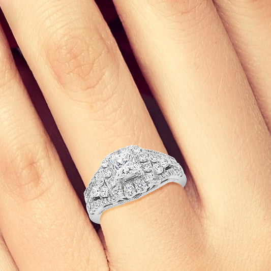 Diamond Halo Engagement Ring 1 5/8 CTW Princess Cut center w/Round Cut 14K White Gold