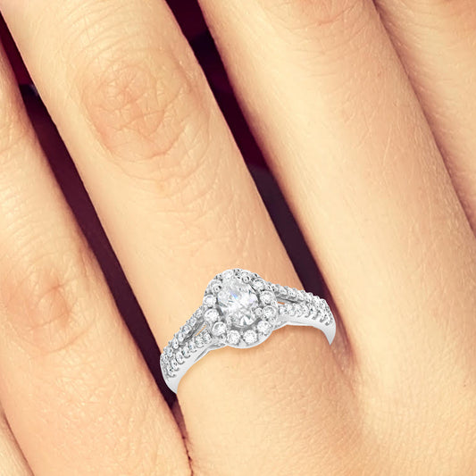 Diamond Halo Engagement Ring 1 CTW Oval w/ Round Cut 14K White Gold