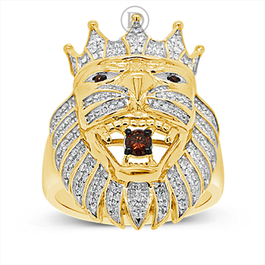 Diamond Crown Lion Ring w/ Amber details 1.43 CTW Round Cut 10K Yellow Gold