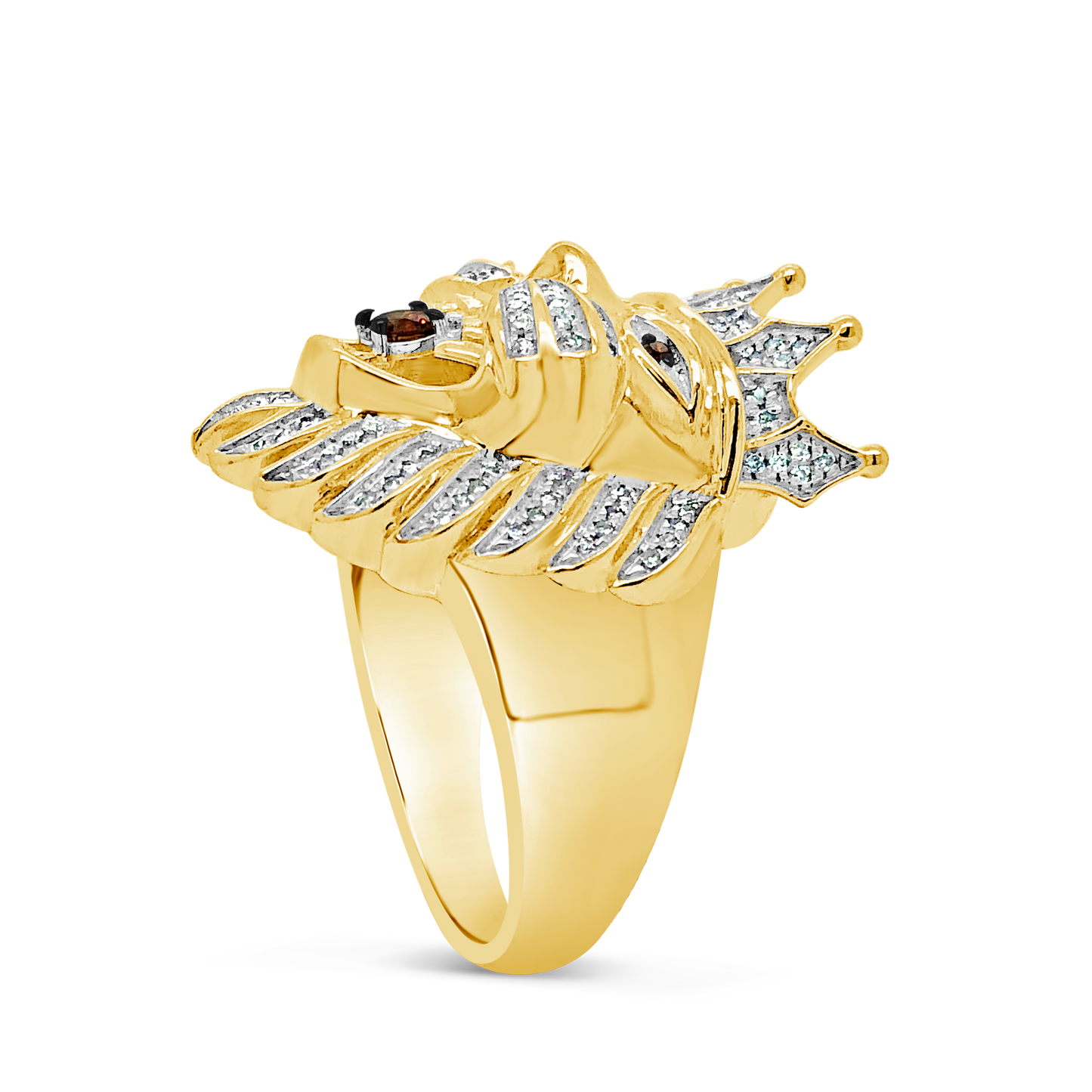 Diamond Crown Lion Ring w/ Amber details 1.43 CTW Round Cut 10K Yellow Gold