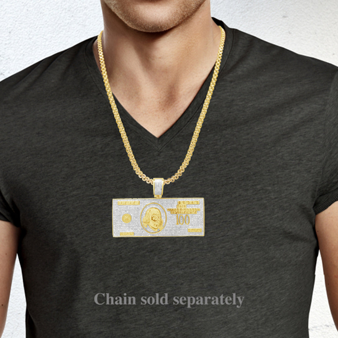 Diamond One Hundred Dollar Bill Pendant 1.86 CTW Round Cut 10K Yellow Gold