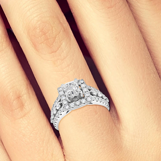 Diamond Halo Engagement Ring 2 CTW Cushion Cut center w/ Round Cut 14K White Gold