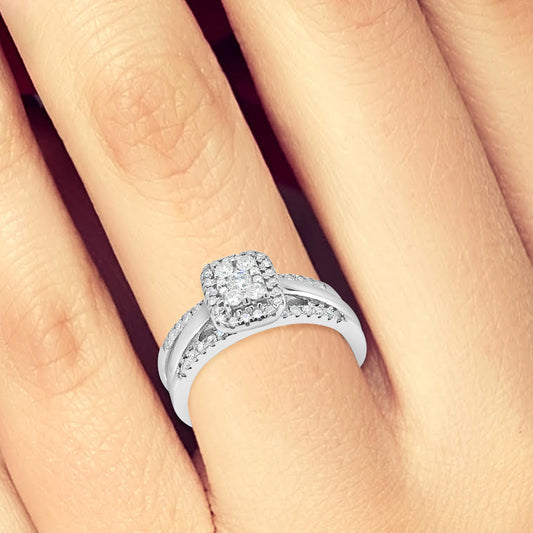 3 Band Diamond Halo Engagement Ring .55 CTW Round Cut 14K White Gold