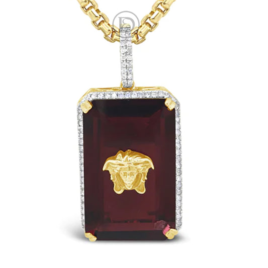 Diamonds w/ Garnet Stone Designer Medusa Pendant .25 CTW Round Cut 10K Yellow Gold