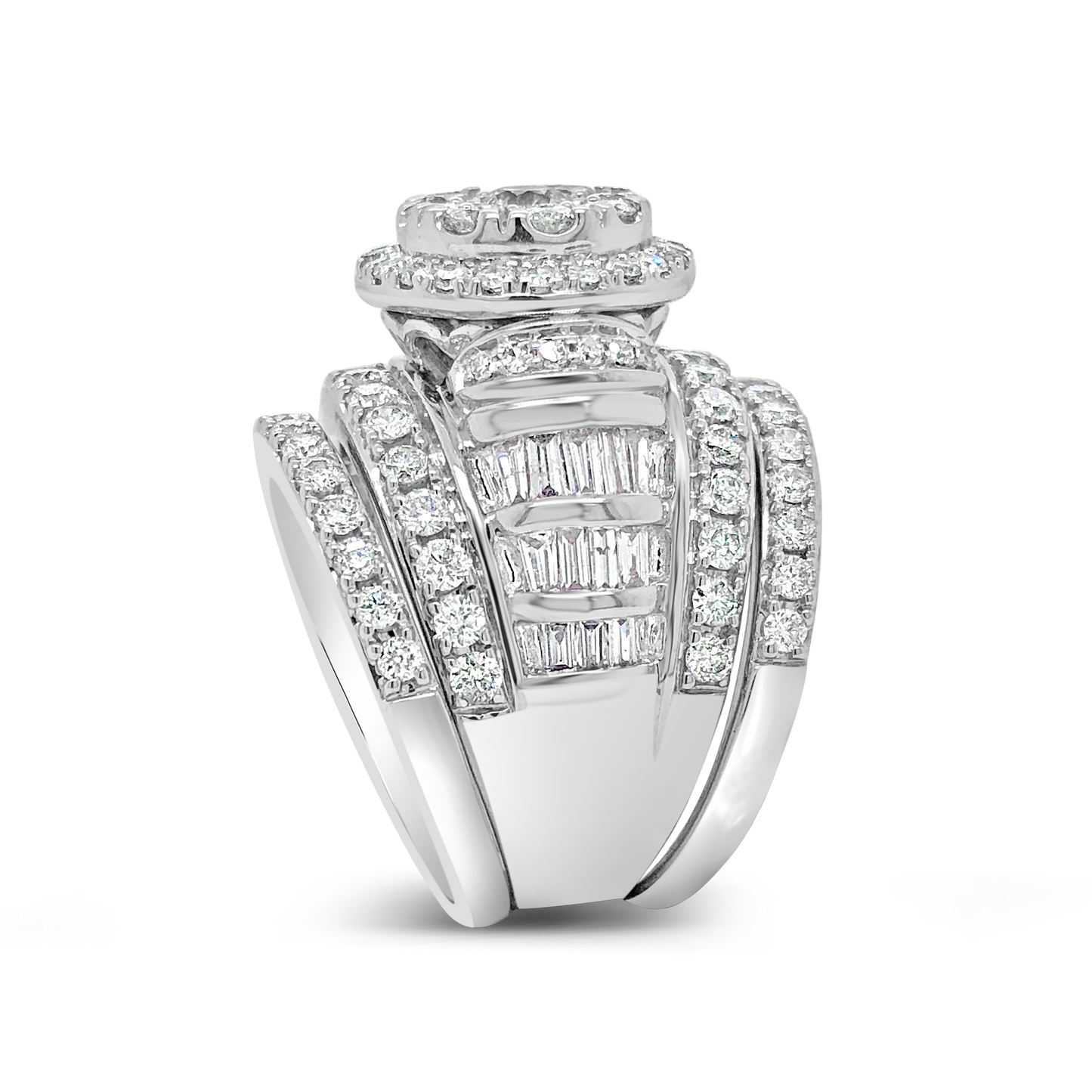 3 Band Diamond Halo Engagement Ring 3 CTW Round Cut w/ Baguettes 14K White Gold