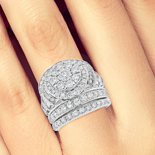 3 Band Diamond Halo Engagement Ring 3 CTW Round Cut w/ Baguettes 14K White Gold