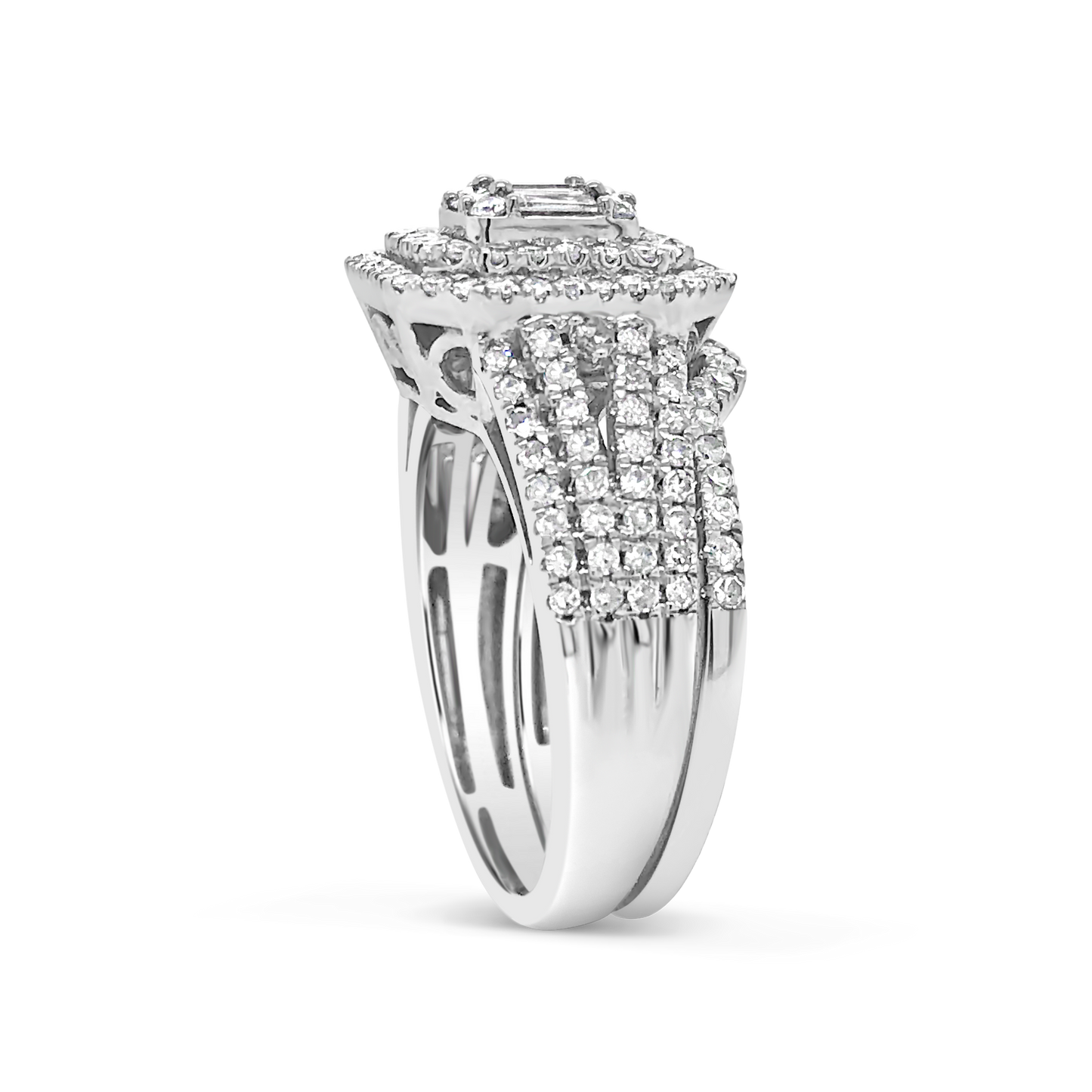 Diamond Halo Engagement Ring 1.25 CTW Baguettes w/ Round Cut 14K White Gold