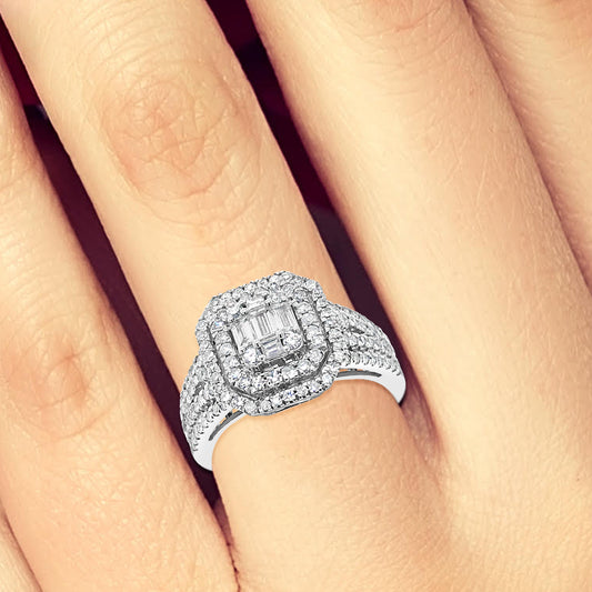 Diamond Halo Engagement Ring 1.25 CTW Baguettes w/ Round Cut 14K White Gold
