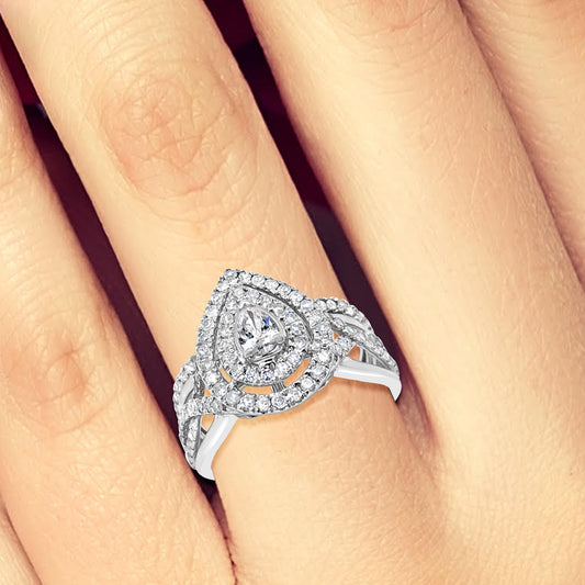 Diamond Halo Pear Shaped Engagement Ring .75 CTW Round Cut 14K White Gold