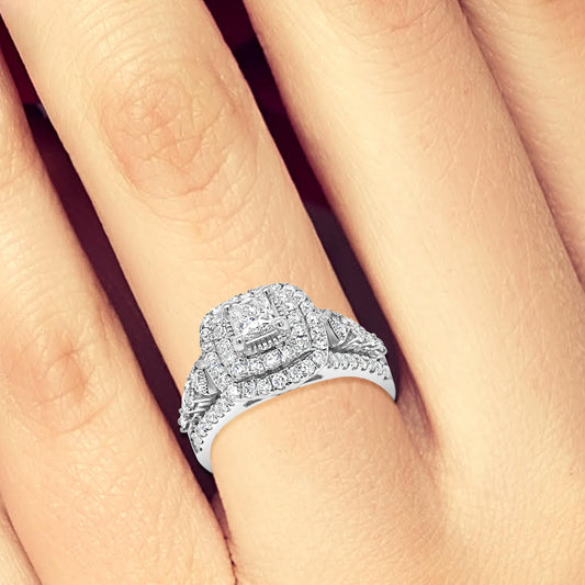 Diamond Halo Engagement Ring 1.50 CTW Princess Cut Center w/Round Cut 14K White Gold