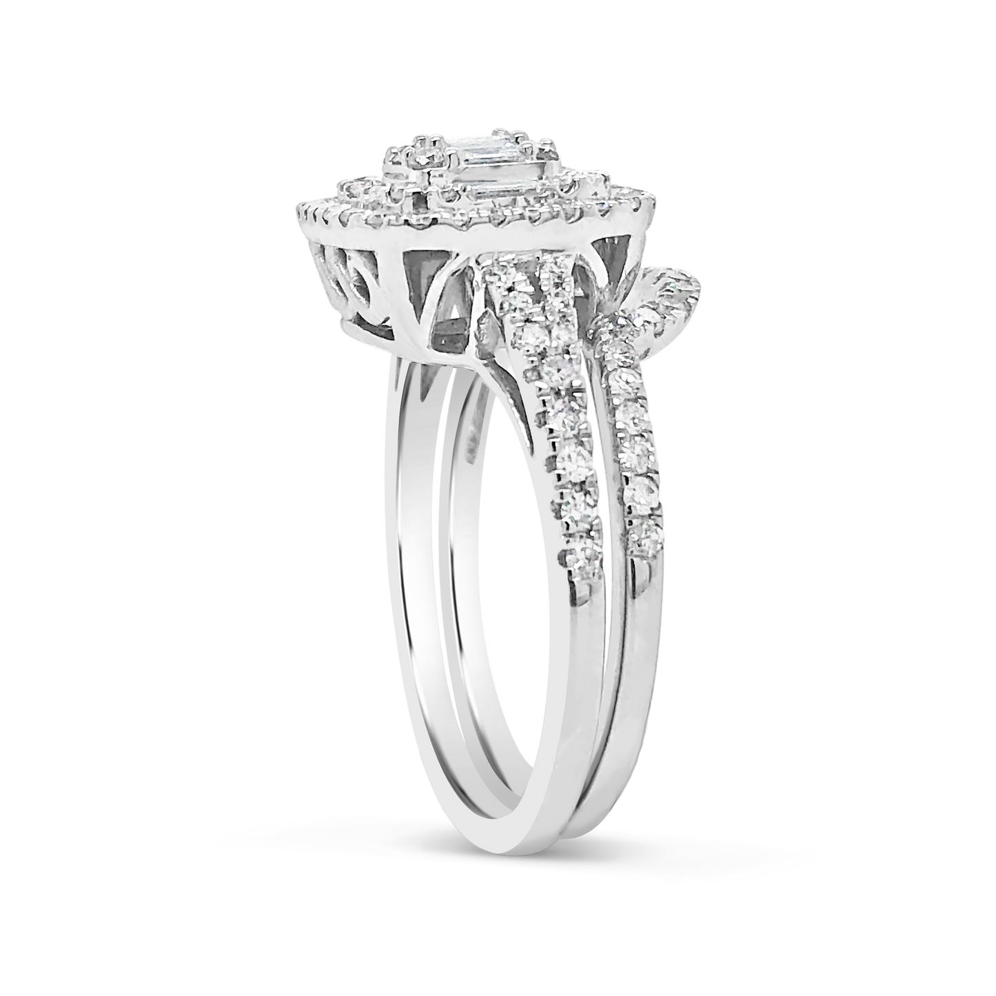 Diamond Halo Engagement Ring 1 CTW Round Cut w/ Bagguetts 14K White Gold