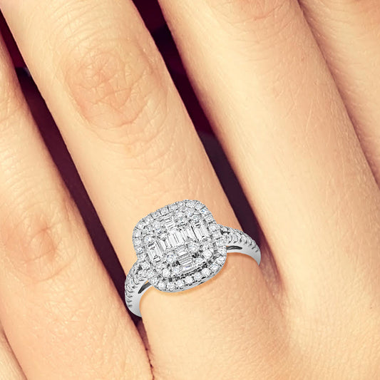 Diamond Halo Engagement Ring 1 CTW Round Cut w/ Bagguetts 14K White Gold