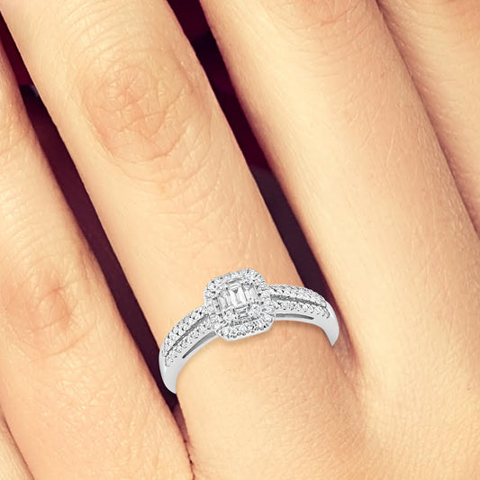 Diamond Halo Engagement Ring .33 CTW Baugette W/ Round Cut 14K White Gold
