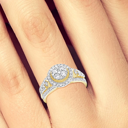 Diamond Halo Engagement Ring 1 CTW Round Cut 14K Yellow Gold