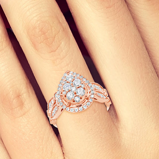 Diamond Halo Pear Shaped Engagement Ring 1 CTW Round Cut 14K Rose Gold