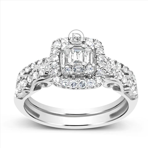 Diamond Halo Engagement Ring .75 CTW Baguettes w/ Round Cut 14K White Gold