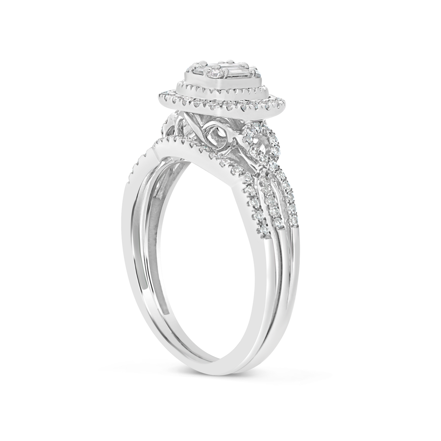 infinity Diamond Halo Engagement Ring .50 CTW Baguette w/ Round Cut 14K White Gold