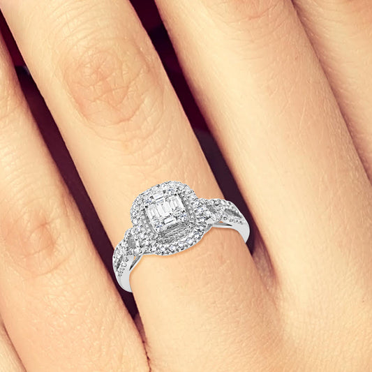 infinity Diamond Halo Engagement Ring .50 CTW Baguette w/ Round Cut 14K White Gold