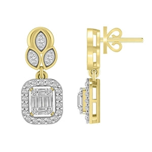 LADIES EARRINGS 1/2 CT ROUND/BAGUETTE DIAMOND 14K YELLOW GOLD