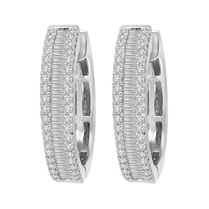 LADIES HOOPS EARRING 1/2 CT ROUND/BAGUETTE DIAMOND 10K WHITE GOLD