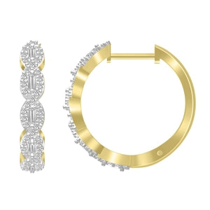 LADIES HOOPS EARRING 1/4 CT ROUND/BAGUETTE DIAMOND 10K YELLOW GOLD