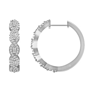 LADIES HOOPS EARRING 1/2 CT ROUND/BAGUETTE DIAMOND 10K WHITE GOLD