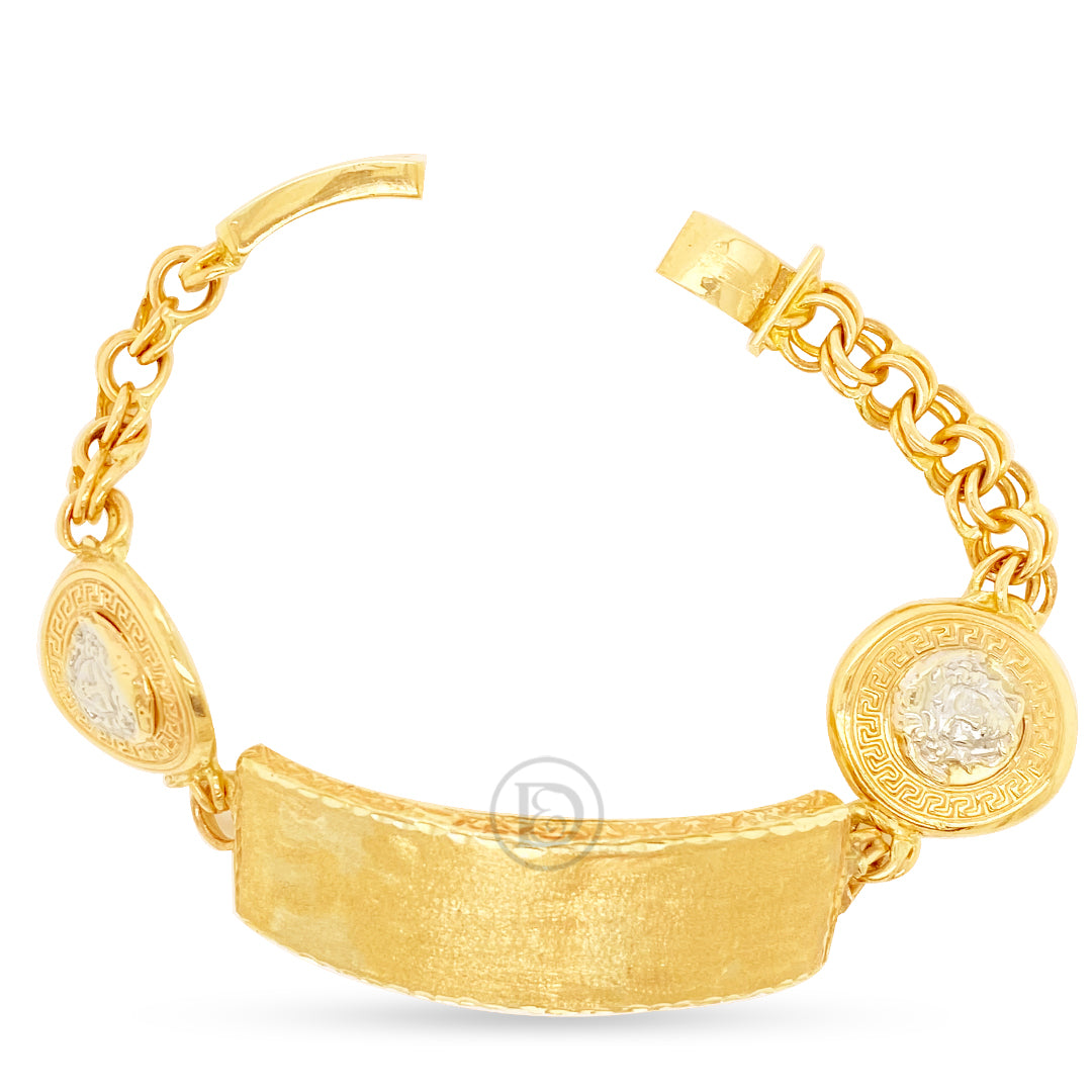 10K Yellow Gold Chino Link Personalize ID Name Bracelet with Medusa and Greek Key