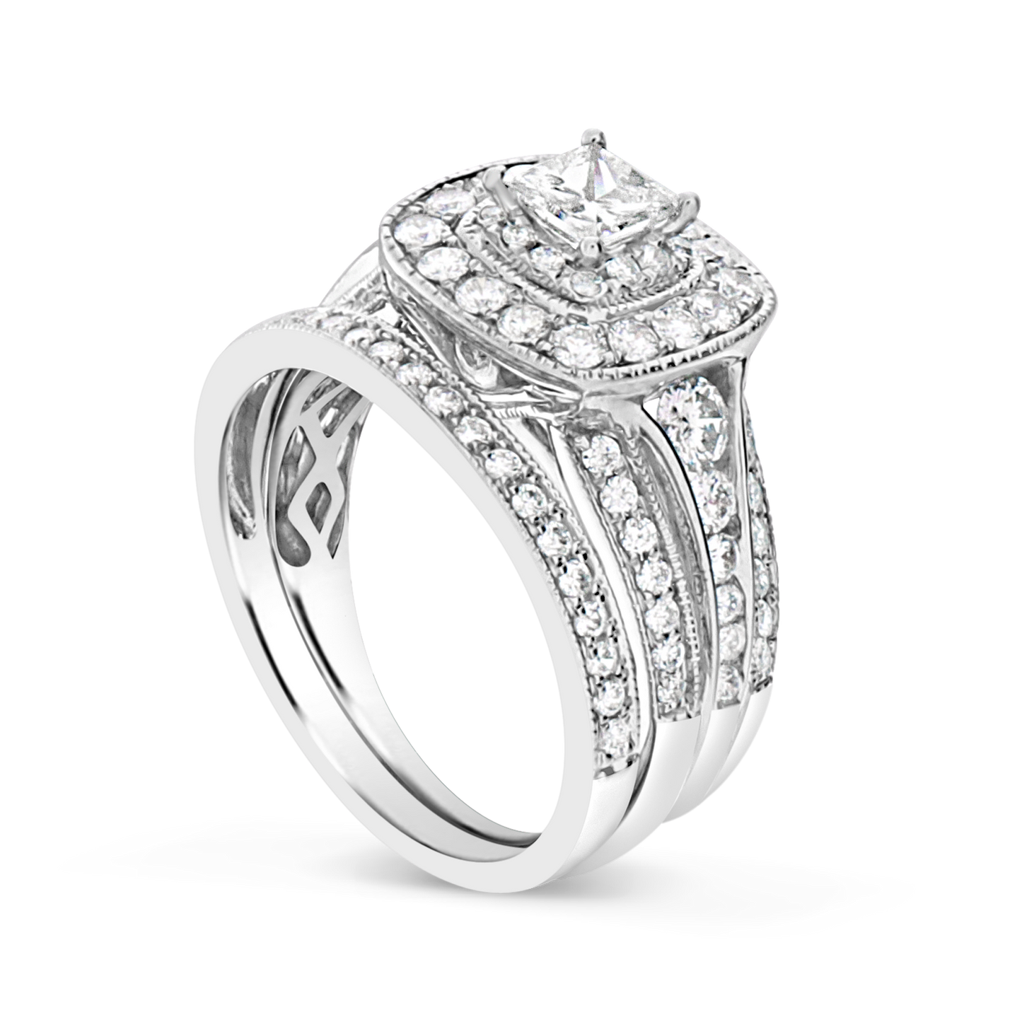 Diamond Halo Engagement Ring 1.98 CTW Princess w/ Round Cut 14K White Gold