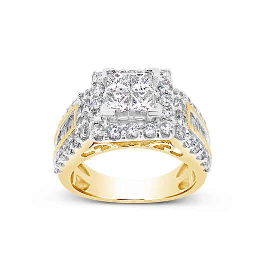 Diamond Halo Ring 2.17 CTW Princess Cut w/ Round Cut 14K Yellow Gold