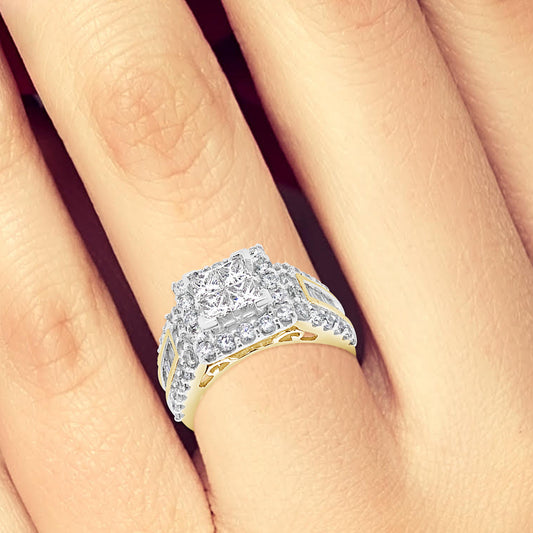 Diamond Halo Ring 2.17 CTW Princess Cut w/ Round Cut 14K Yellow Gold