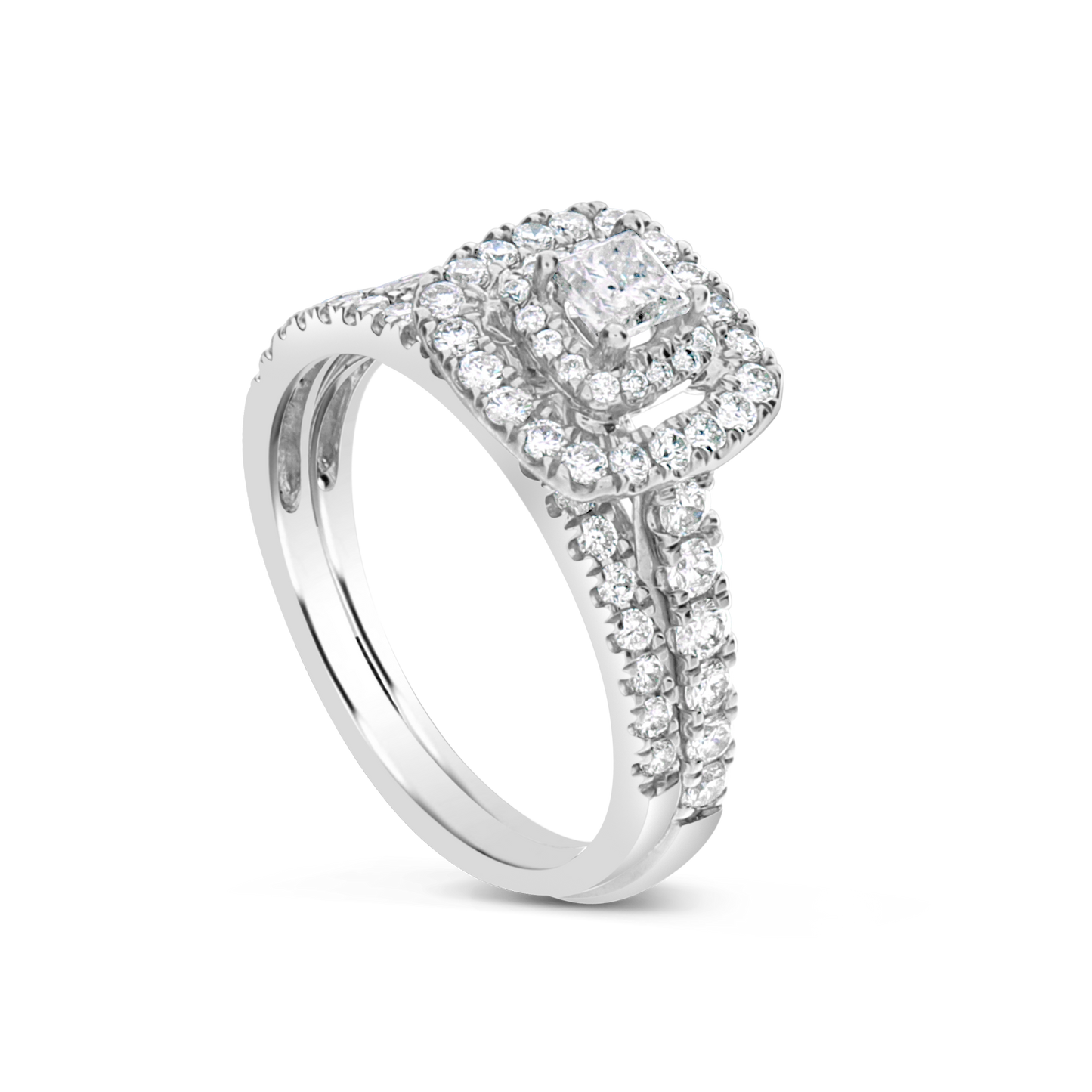 Diamond Halo Engagement Ring 1 CTW Princess w/ Round Cut 14K White Gold Bridal Set