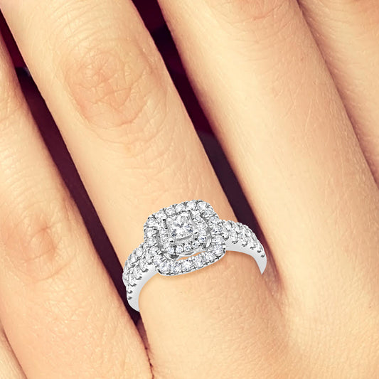 Diamond Halo Engagement Ring 1 CTW Princess w/ Round Cut 14K White Gold Bridal Set