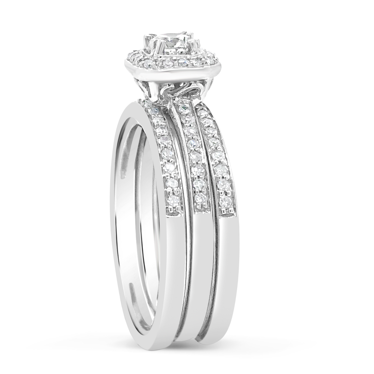3 Band Diamond Halo Engagement Ring .62 CTW Round Cut 14K White Gold