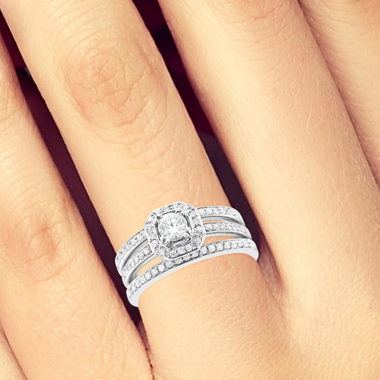 3 Band Diamond Halo Engagement Ring .62 CTW Round Cut 14K White Gold