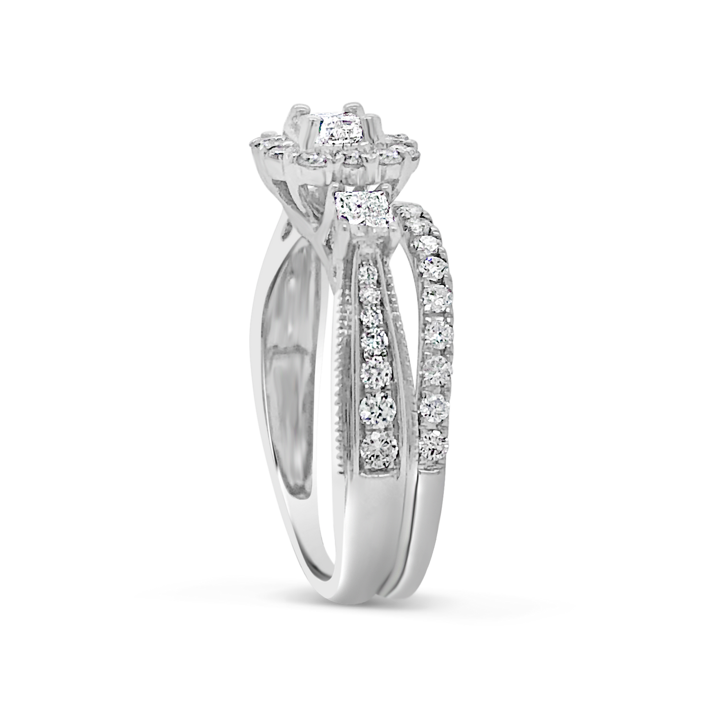 Diamond Halo Engagement Ring 1 CTW Princess Cut w/ Round Cut 14K White Gold