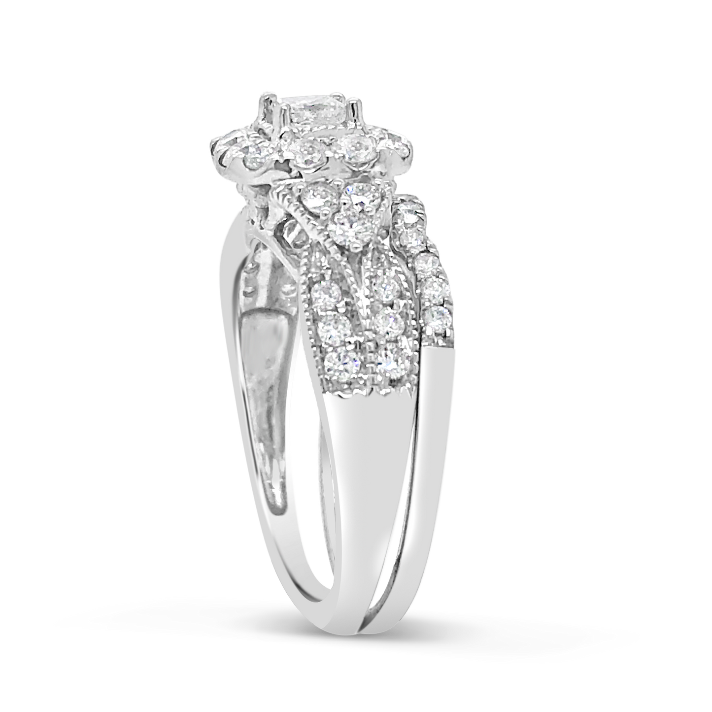 Diamond Halo Engagement Ring 1 CTW Princess Cut w/ Round Cut 14K White Gold
