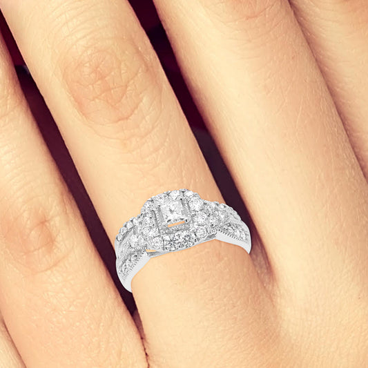 Diamond Halo Engagement Ring 1 CTW Princess Cut w/ Round Cut 14K White Gold
