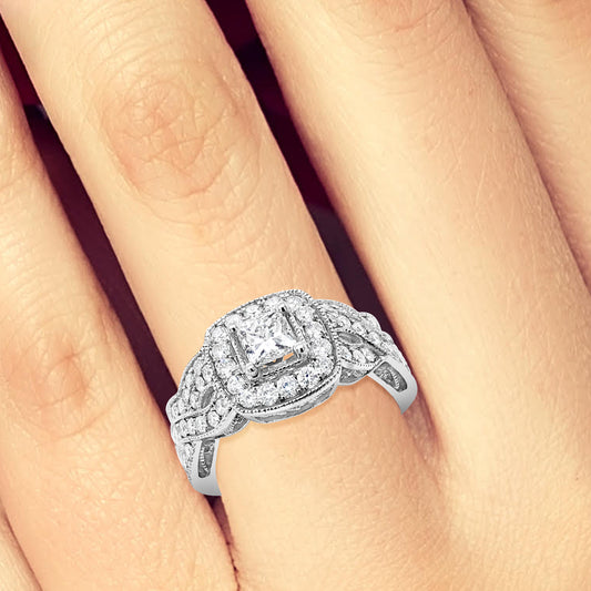 Diamond Halo Engagement Ring 1.52 CTW Princess w/ Round Cut 14K White Gold