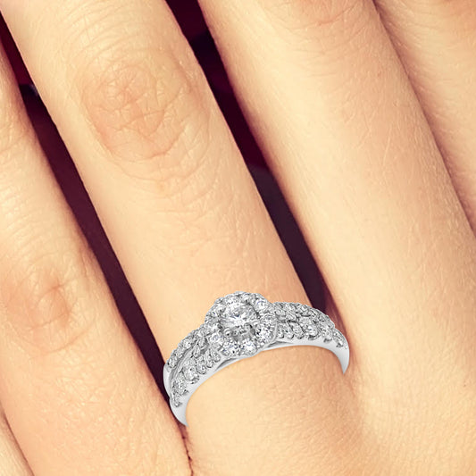 Diamond Halo Engagement Ring 1 CTW Round Cut 14K White Gold