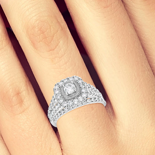 Diamond Halo Engagement Ring 1.75 CTW Round Cut 14K White Gold