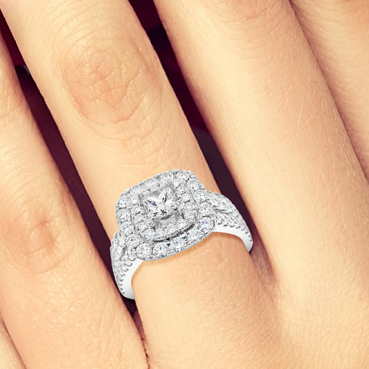 Diamond Halo Engagement Ring 2.04 CTW Princess Center w/ Round Cut 14K White Gold