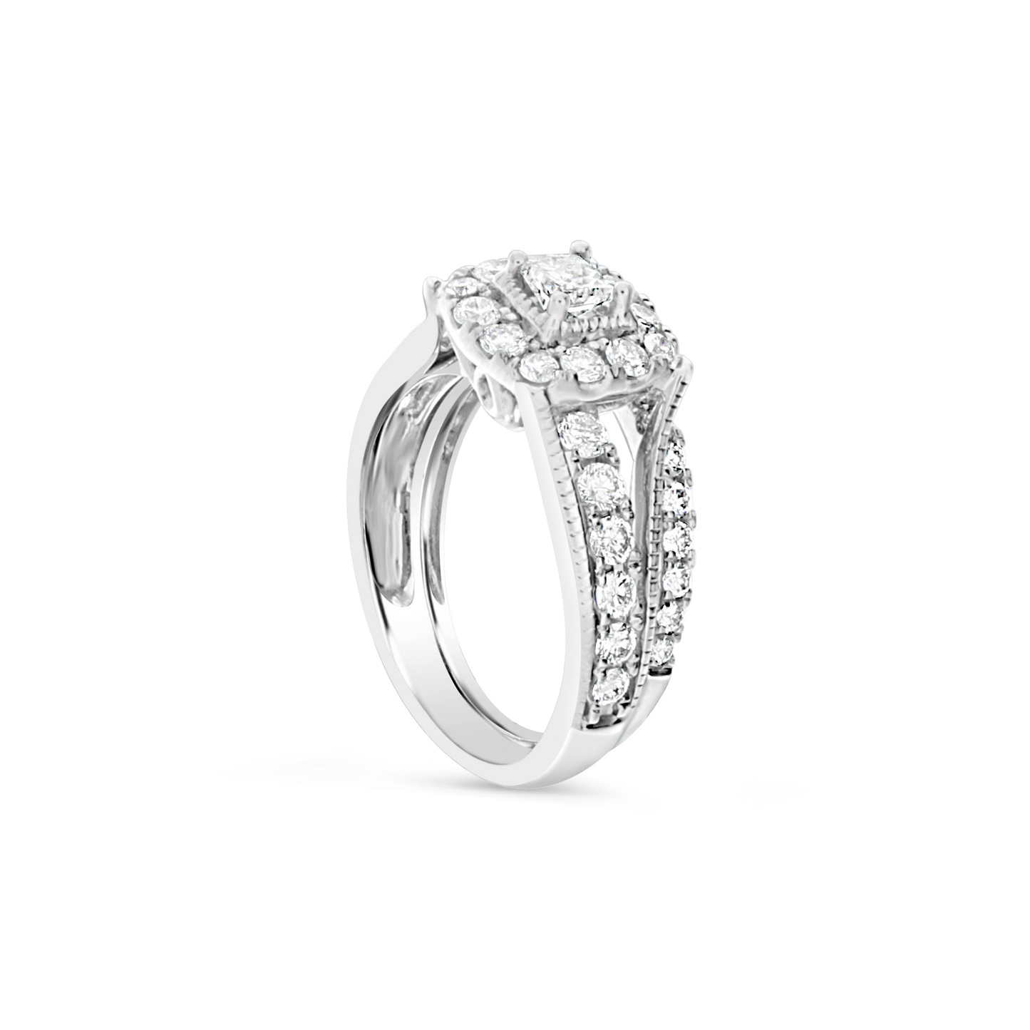 Diamond Halo Engagement Ring 1.75 CTW Princess w/ Round Cut 14K White Gold