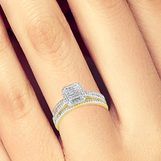 3 Band Diamond Halo Engagement Ring .33 CTW Round Cut 10K Yellow Gold